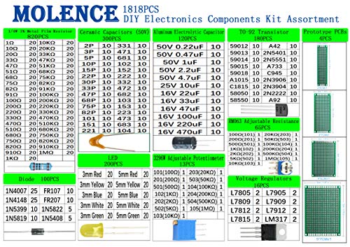 Molence DIY Electronics Components Kit Assortment, Resistors 1818PCS, LED, Triode, Capacitors, Diodes, PCB, Potentiometer, Variable Resistance, Stabilivolt for Arduino UNO MEGA2560 Raspberry Pi MCU