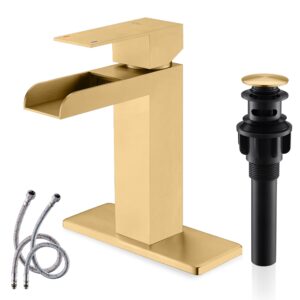 kenes brushed gold waterfall bathroom faucet, modern single hole faucet, gold single handle bathroom sink faucet, with pop up drain & water supply hoses lj-9035-4