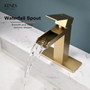 KENES Brushed Gold Waterfall Bathroom Faucet, Modern Single Hole Faucet, Gold Single Handle Bathroom Sink Faucet, with Pop Up Drain & Water Supply Hoses LJ-9035-4