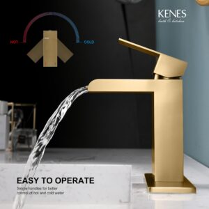 KENES Brushed Gold Waterfall Bathroom Faucet, Modern Single Hole Faucet, Gold Single Handle Bathroom Sink Faucet, with Pop Up Drain & Water Supply Hoses LJ-9035-4