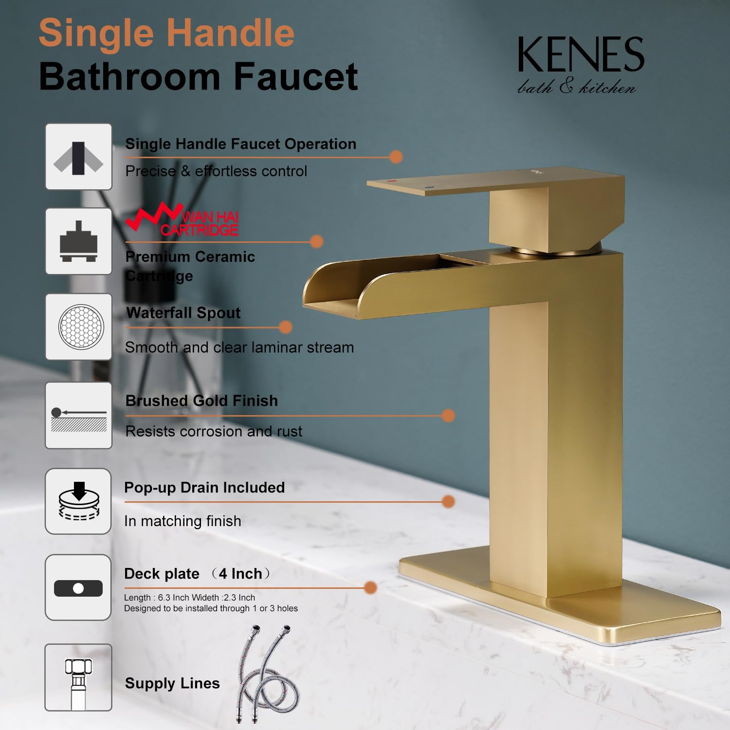 KENES Brushed Gold Waterfall Bathroom Faucet, Modern Single Hole Faucet, Gold Single Handle Bathroom Sink Faucet, with Pop Up Drain & Water Supply Hoses LJ-9035-4