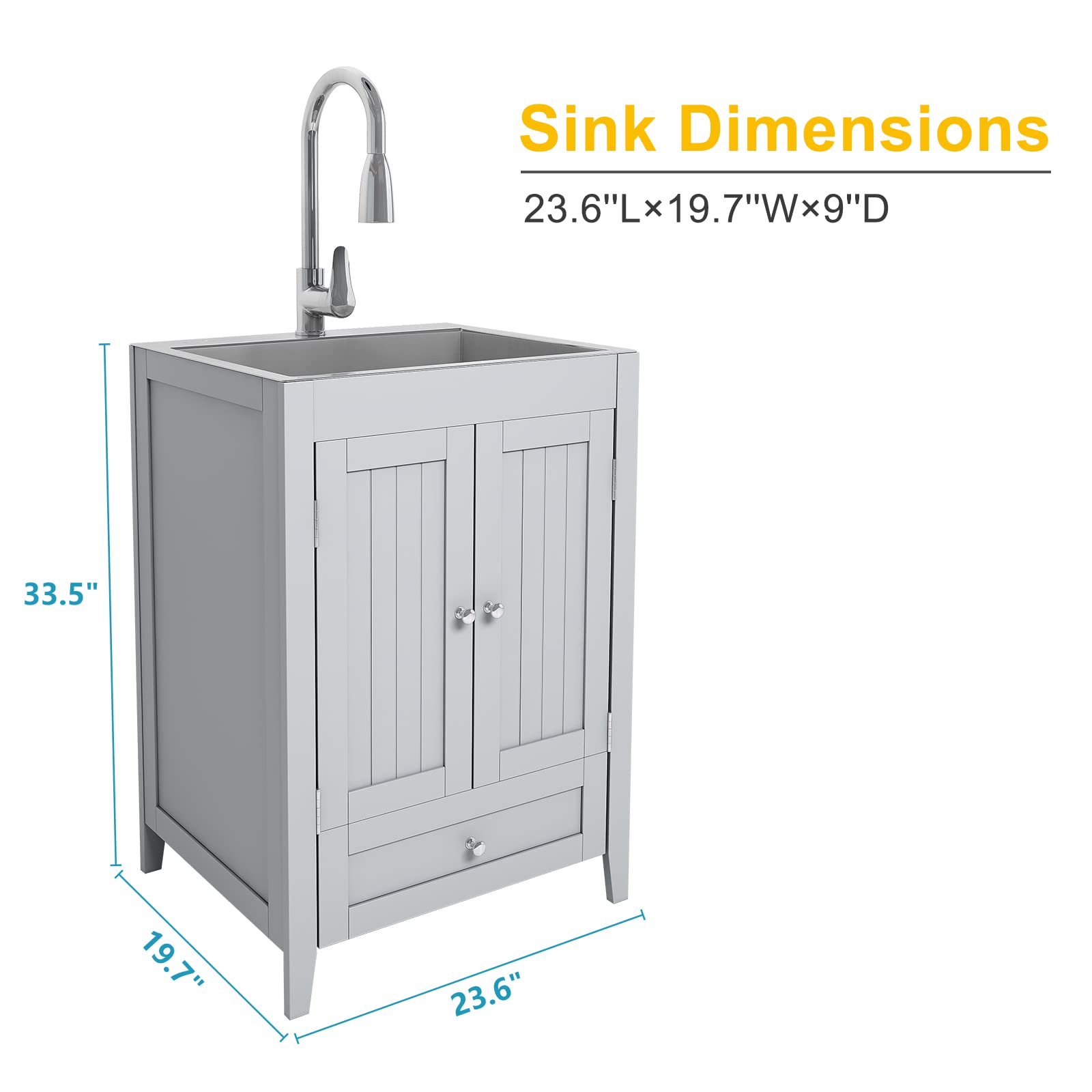 VINGLI 24-Inch Laundry Sink with Cabinet and Pull-Out Sprayer Faucet, Stainless Steel Utility Sink with Cabinet and Drawer Combo, Cabinet with Sink for Laundry & Utility Room, Kitchen, Bathroom, Grey