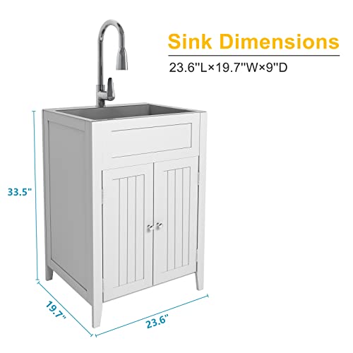 VINGLI 24-Inch Laundry Sink with Cabinet and Pull-Out Sprayer Faucet, Stainless Steel Utility Sink with Cabinet, White Cabinet with Sink for Laundry & Utility Room, Kitchen, Bathroom, Basement