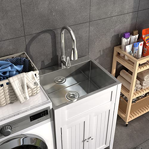 VINGLI 24-Inch Laundry Sink with Cabinet and Pull-Out Sprayer Faucet, Stainless Steel Utility Sink with Cabinet, White Cabinet with Sink for Laundry & Utility Room, Kitchen, Bathroom, Basement