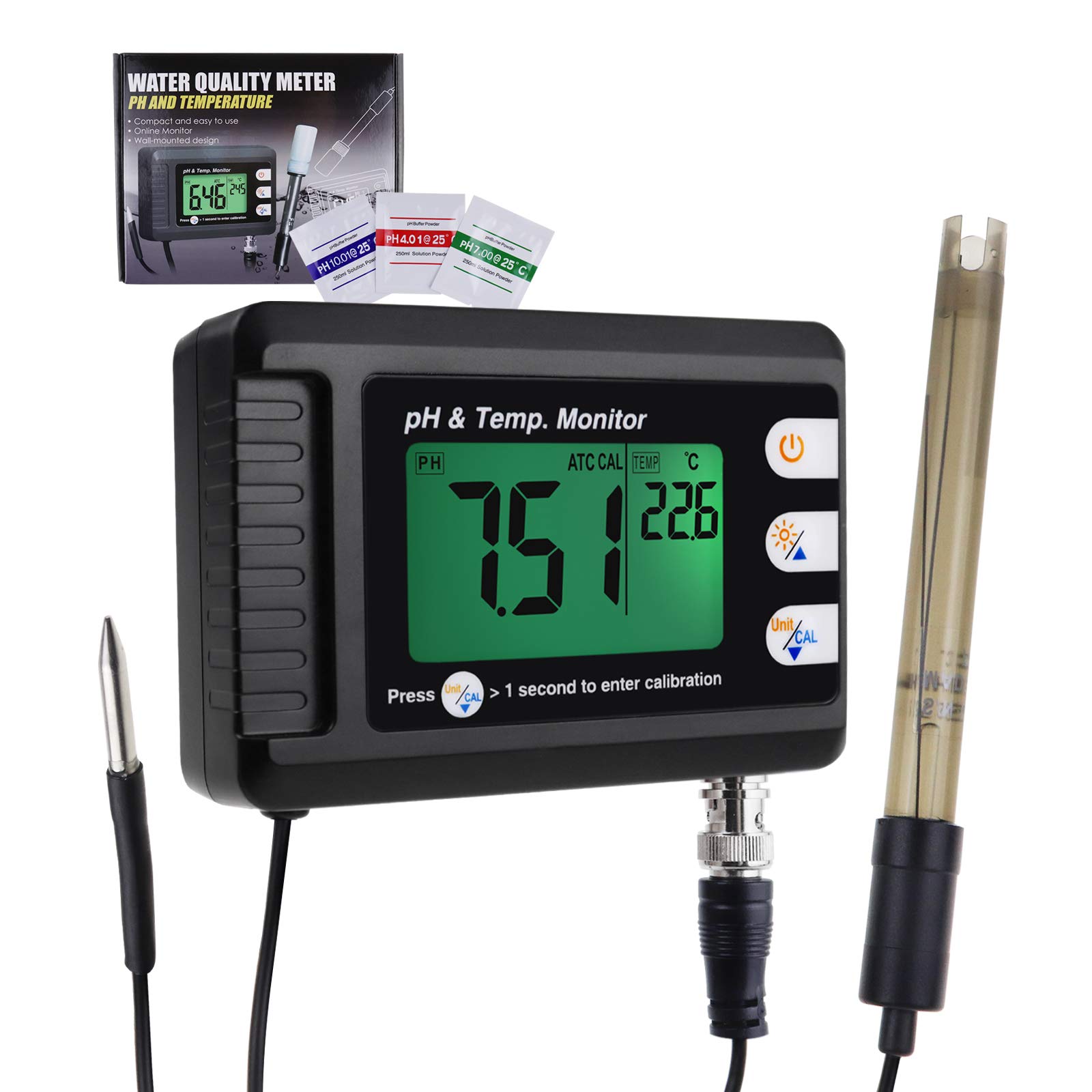 Digital Combo pH & Temperature Meter, Aquarium Thermometer pH Monitor with Automatic Calibration Function for Fish Tank Hydroponics Aquaculture Laboratory