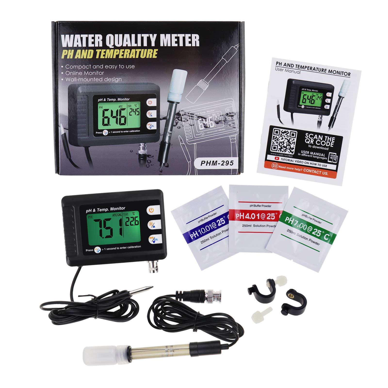 Digital Combo pH & Temperature Meter, Aquarium Thermometer pH Monitor with Automatic Calibration Function for Fish Tank Hydroponics Aquaculture Laboratory