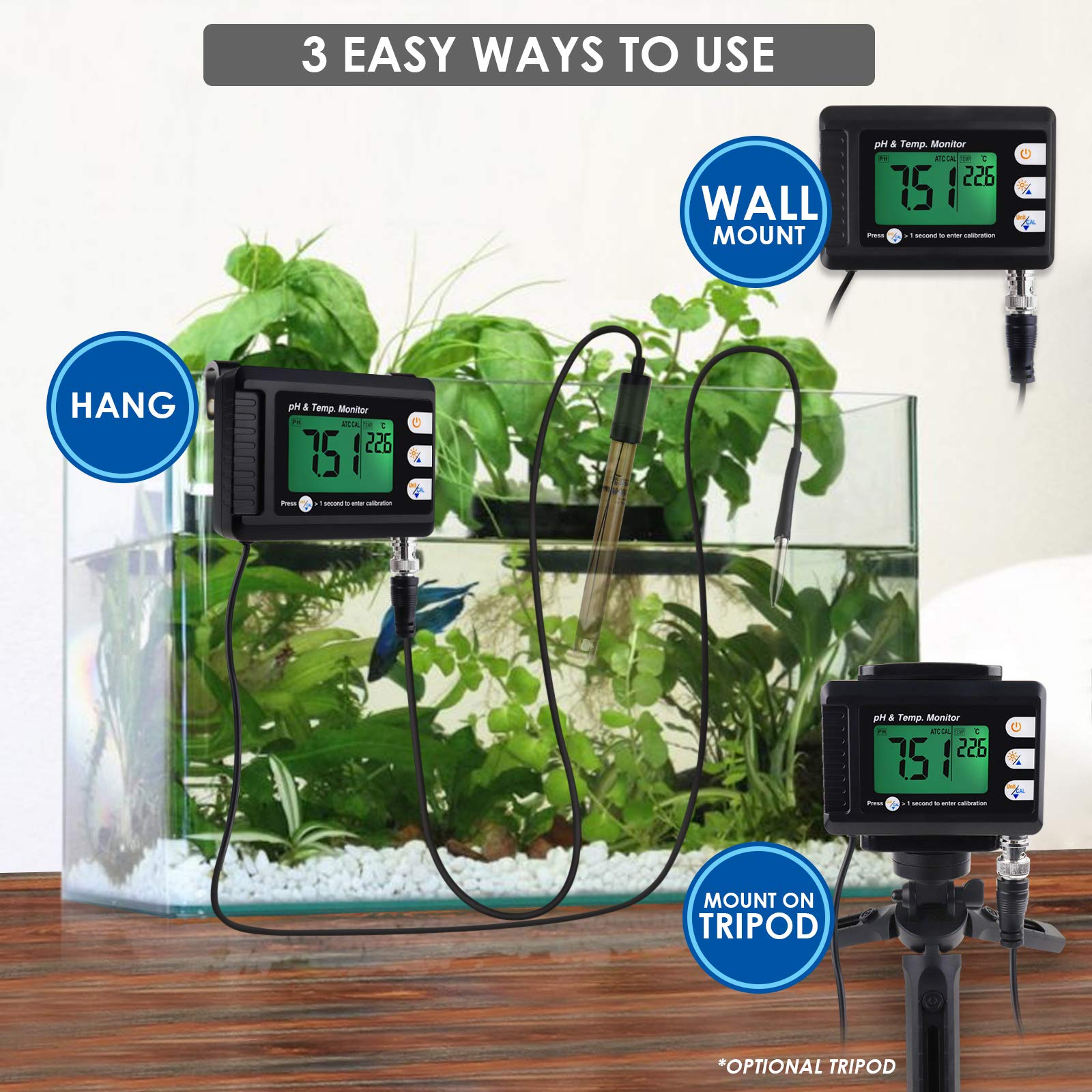 Digital Combo pH & Temperature Meter, Aquarium Thermometer pH Monitor with Automatic Calibration Function for Fish Tank Hydroponics Aquaculture Laboratory