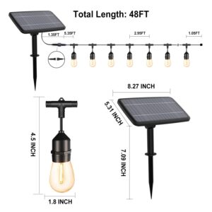 Solar String Lights Outdoor Waterproof LED Shatterproof 48FT Heavy Duty with 17 Plastic Hanging S14 Edison Bulbs Balcony Fence Patio Light