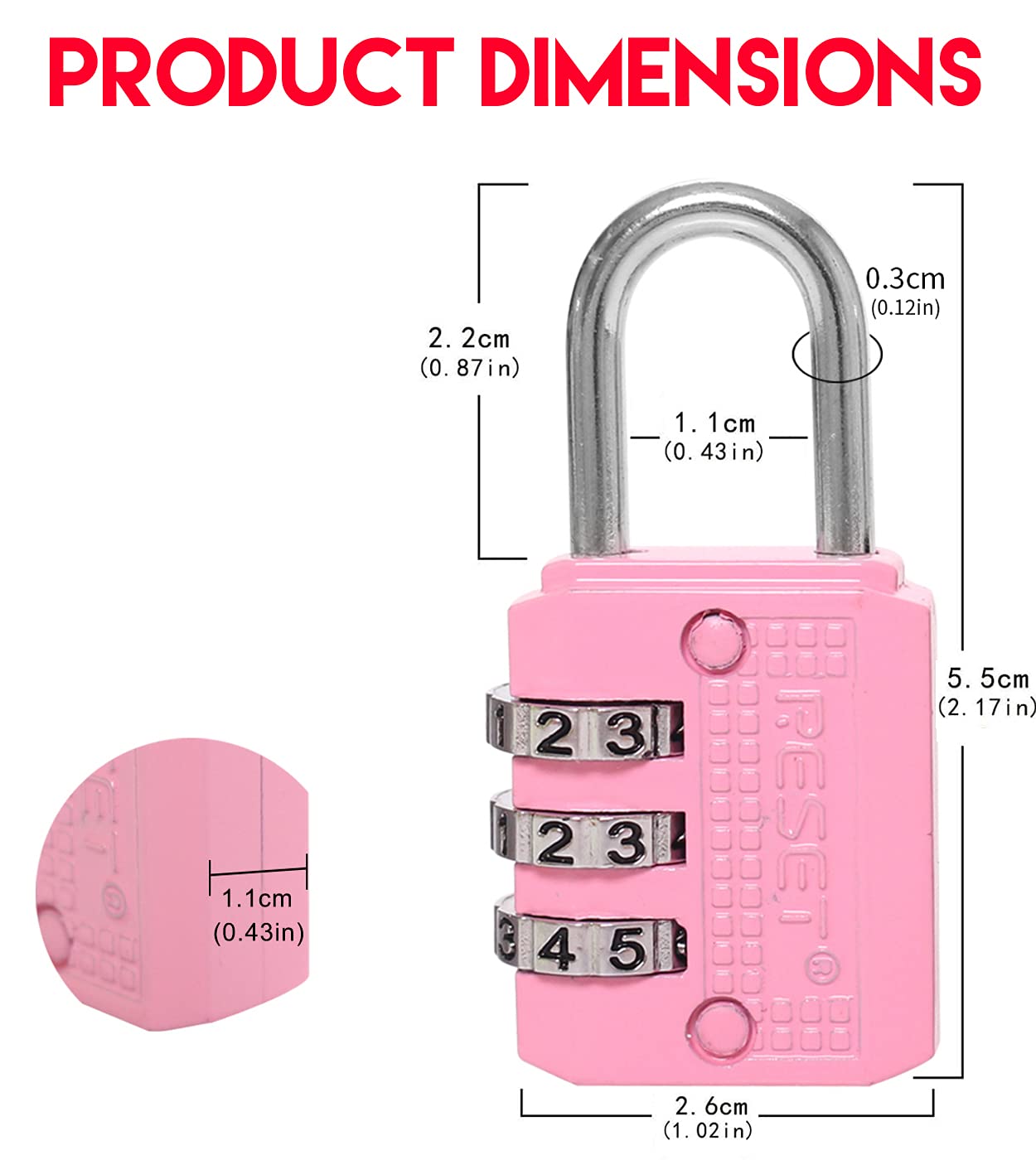 RESET-071 3 Digit Small Combination Lock Tiny Padlock for Mini Locker Box Luggage Suitcase Backpack Pink