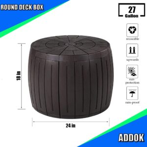 ADDOK Round Deck Box Light weight Resin Outdoor Storage Patio Seat for Outdoor Cushion Storage (27 Gallon, Dark Coffee)