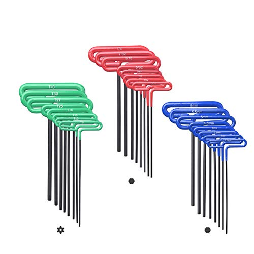 Oerfred GogoBing Cushion Grip Hex t handle torque T-Key allen wrench sets long screwdriver tool - 8 SAE Standard 3/32-1/4 Inch & 8 Metric 2.5-6 MM Sizes & 8 Torx T9-T40, Red&Blue&Green