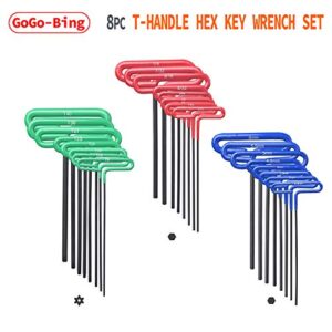 Oerfred GogoBing Cushion Grip Hex t handle torque T-Key allen wrench sets long screwdriver tool - 8 SAE Standard 3/32-1/4 Inch & 8 Metric 2.5-6 MM Sizes & 8 Torx T9-T40, Red&Blue&Green