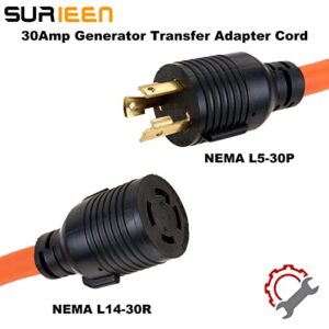 SURIEEN NEMA L5-30P to L14-30R Generator Transfer Switch Adapter Cord, 30 Amp 3 Prong to 4 Prong Generator Plug Adapter Twist Lock to House Inlet Box with Power Indicator, STW 10 Gauge 1.5FT