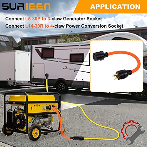 SURIEEN NEMA L5-30P to L14-30R Generator Transfer Switch Adapter Cord, 30 Amp 3 Prong to 4 Prong Generator Plug Adapter Twist Lock to House Inlet Box with Power Indicator, STW 10 Gauge 1.5FT