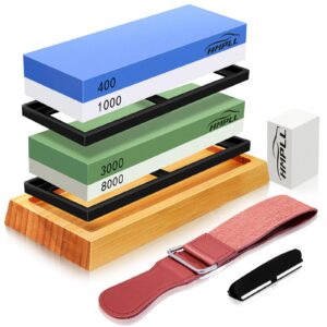 hmpll knife sharpening stone set, professional whetstone 4 side grit 400/1000 3000/8000, whetstone knife sharpener stone set include non-slip bamboo base, leather strop, flattening stone & angle guide