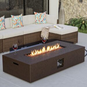cosiest 56-inch x 28-inch rectangle outdoor propane fire pit table sandstone compact concrete-like finish, 50,000 btu, free lava rocks, fits 20lb tank outside, rain cover