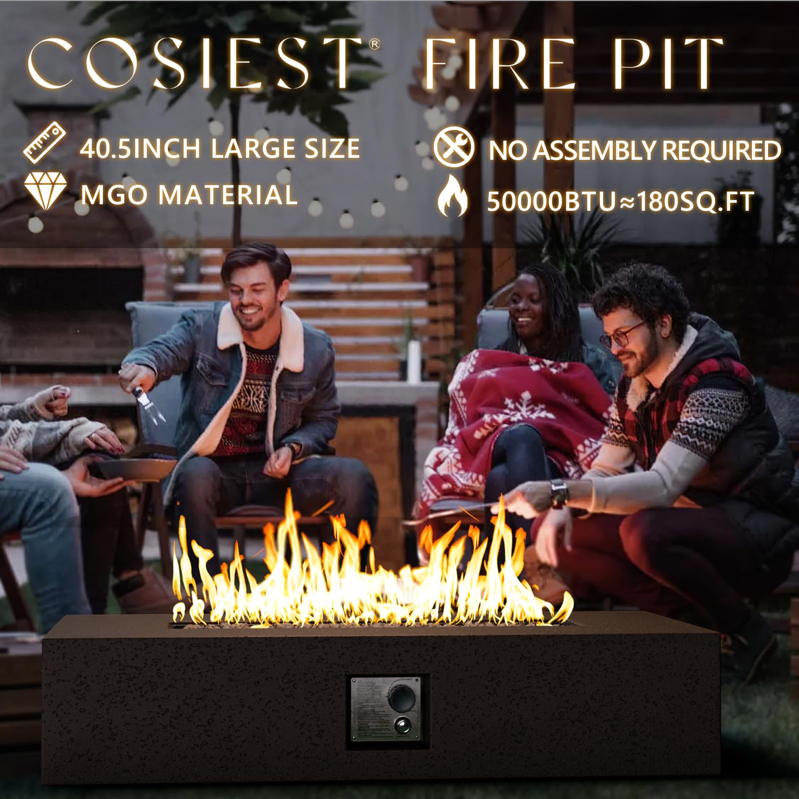 COSIEST 56-inch x 28-inch Rectangle Outdoor Propane Fire Pit Table Sandstone Compact Concrete-Like Finish, 50,000 BTU, Free Lava Rocks, Fits 20lb Tank Outside, Rain Cover