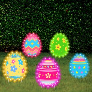 5 pcs Glow Easter Yard Signs Outdoor Lawn Decorations with Stakes, Large Easter Egg Yard Signs Decor, LED String Light Decorative