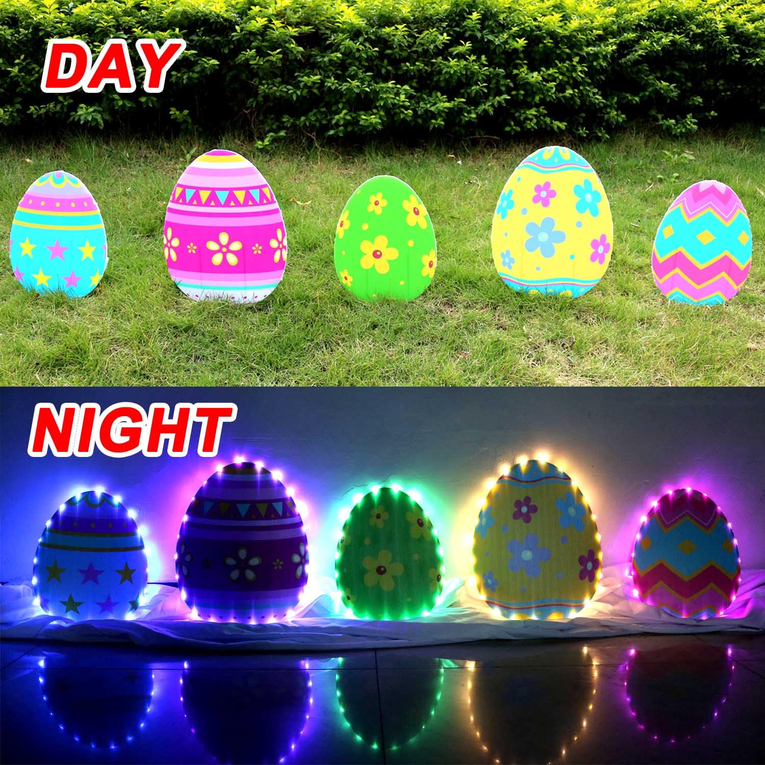 5 pcs Glow Easter Yard Signs Outdoor Lawn Decorations with Stakes, Large Easter Egg Yard Signs Decor, LED String Light Decorative