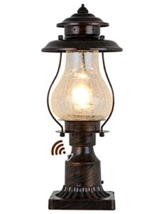 dusk to dawn post lights outdoor photocell sensor rustic pole mount lanterns with pier mount adapter oil rubbed brown with crackle glass waterproof pillar lights for patio, garden, porch and backyard