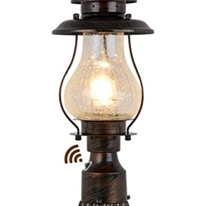 Dusk to Dawn Post Lights Outdoor Photocell Sensor Rustic Pole Mount Lanterns with Pier Mount Adapter Oil Rubbed Brown with Crackle Glass Waterproof Pillar Lights for Patio, Garden, Porch and Backyard