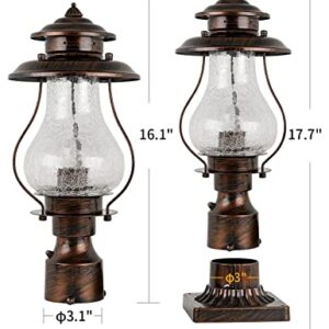 Dusk to Dawn Post Lights Outdoor Photocell Sensor Rustic Pole Mount Lanterns with Pier Mount Adapter Oil Rubbed Brown with Crackle Glass Waterproof Pillar Lights for Patio, Garden, Porch and Backyard