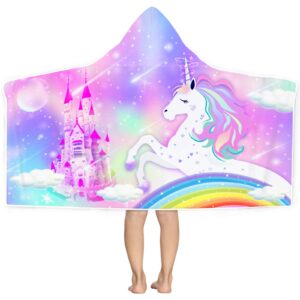 bonsai tree unicorn hooded beach towel for kids, cute rainbow bath towel with hood for girls, pink magic castle microfiber super absorbent soft poncho bathrobe for swin pool 30”x50”