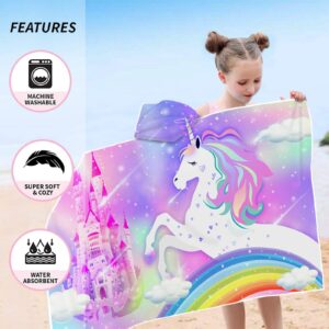 Bonsai Tree Unicorn Hooded Beach Towel for Kids, Cute Rainbow Bath Towel with Hood for Girls, Pink Magic Castle Microfiber Super Absorbent Soft Poncho Bathrobe for Swin Pool 30”x50”