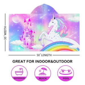 Bonsai Tree Unicorn Hooded Beach Towel for Kids, Cute Rainbow Bath Towel with Hood for Girls, Pink Magic Castle Microfiber Super Absorbent Soft Poncho Bathrobe for Swin Pool 30”x50”