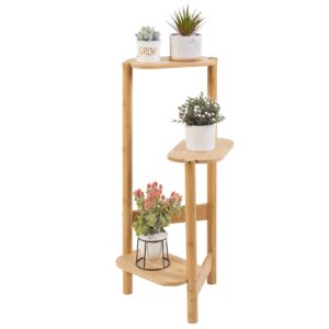unho 3-tier bamboo plant stand: corner shelf flower bonsai pot display holder side table for small potted succulent planters and decor indoor outdoor (natural)