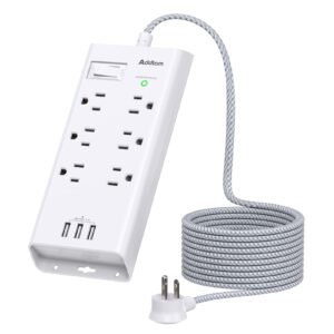 power strip surge protector - addtam 10ft long extension cord with 6 outlets and 3 usb ports, flat plug overload surge protection outlet strip, wall mount for home, office and more