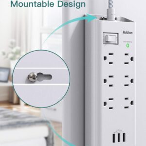 Power Strip Surge Protector - Addtam 10Ft Long Extension Cord with 6 Outlets and 3 USB Ports, Flat Plug Overload Surge Protection Outlet Strip, Wall Mount for Home, Office and More