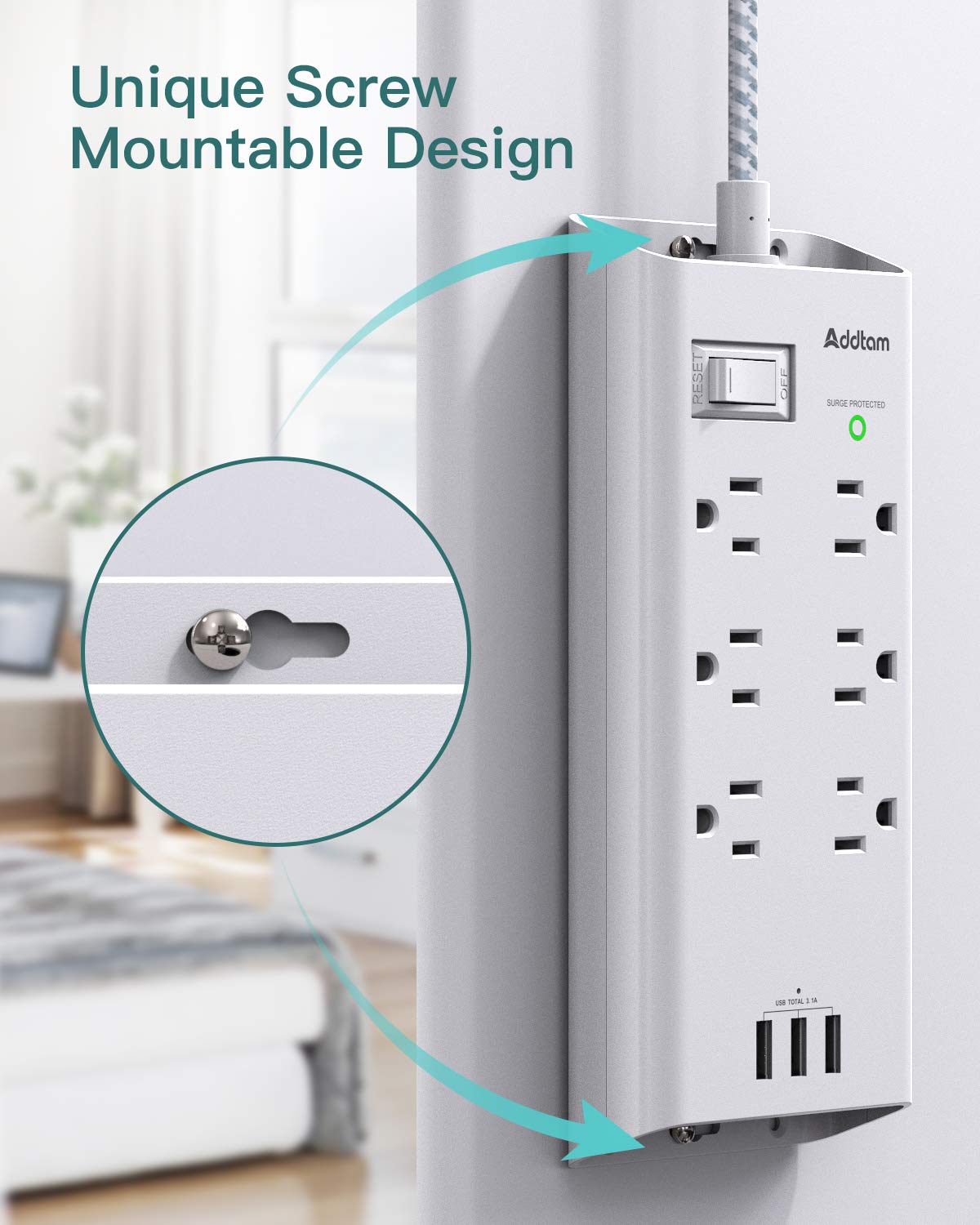 Power Strip Surge Protector - Addtam 10Ft Long Extension Cord with 6 Outlets and 3 USB Ports, Flat Plug Overload Surge Protection Outlet Strip, Wall Mount for Home, Office and More