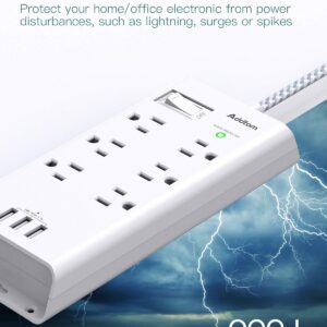 Power Strip Surge Protector - Addtam 10Ft Long Extension Cord with 6 Outlets and 3 USB Ports, Flat Plug Overload Surge Protection Outlet Strip, Wall Mount for Home, Office and More