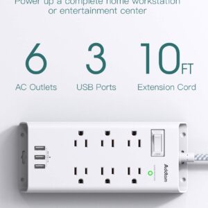 Power Strip Surge Protector - Addtam 10Ft Long Extension Cord with 6 Outlets and 3 USB Ports, Flat Plug Overload Surge Protection Outlet Strip, Wall Mount for Home, Office and More