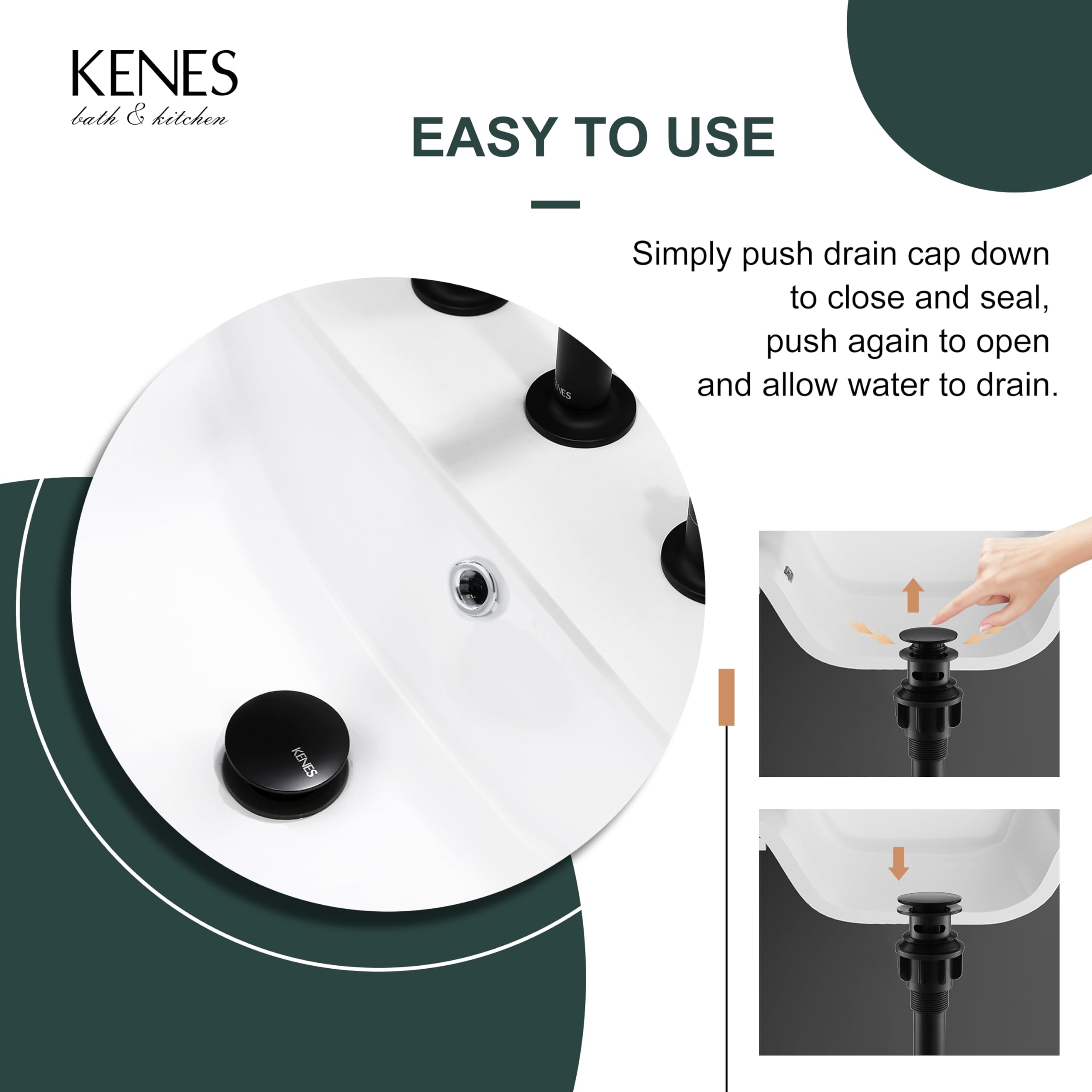 KENES Pop Up Bathroom Sink Drain with Overflow, Matte Black Pop Up Drain Stopper Anti Clog Pop Up Drain Stopper Lavatory Vanity Vessel Sink Drain