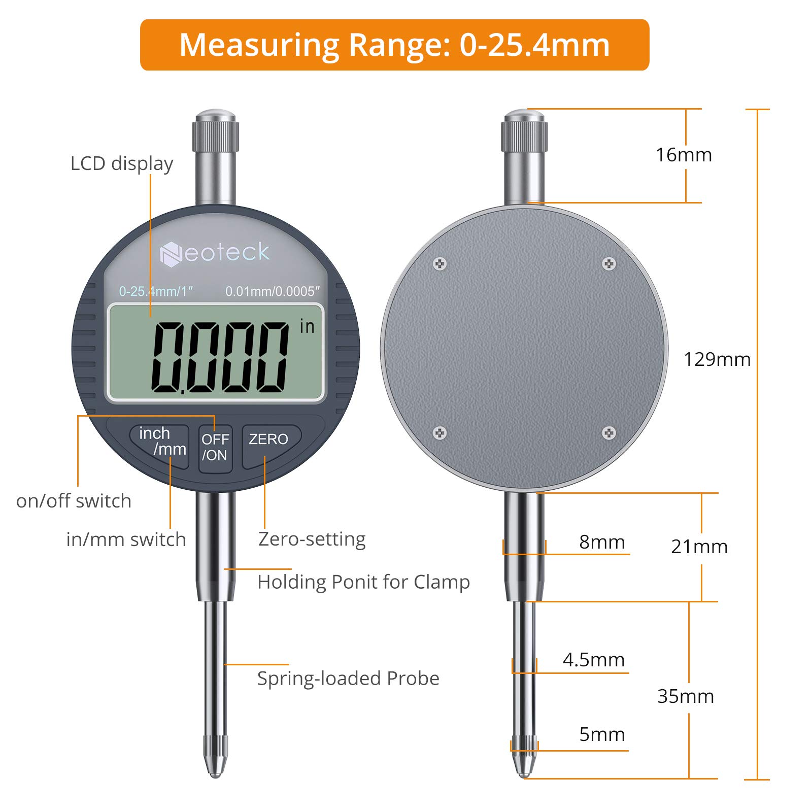 Neoteck Digital Dial Indicator Gauge and Magnetic Base Set, with Storage Case, 0-1inch/ 25.4mm, 0.01mm/ 0.0005" Inch/Metric Conversion Measuring Tool for 3D Printer Lathe Workshop Woodworking- Silver