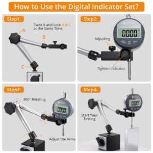 Neoteck Digital Dial Indicator Gauge and Magnetic Base Set, with Storage Case, 0-1inch/ 25.4mm, 0.01mm/ 0.0005" Inch/Metric Conversion Measuring Tool for 3D Printer Lathe Workshop Woodworking- Silver