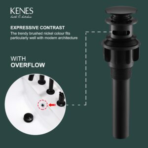 KENES Pop Up Bathroom Sink Drain with Overflow, Matte Black Pop Up Drain Stopper Anti Clog Pop Up Drain Stopper Lavatory Vanity Vessel Sink Drain