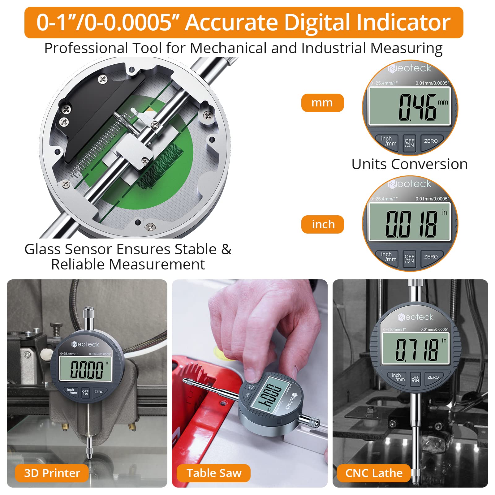 Neoteck Digital Dial Indicator Gauge and Magnetic Base Set, with Storage Case, 0-1inch/ 25.4mm, 0.01mm/ 0.0005" Inch/Metric Conversion Measuring Tool for 3D Printer Lathe Workshop Woodworking- Silver