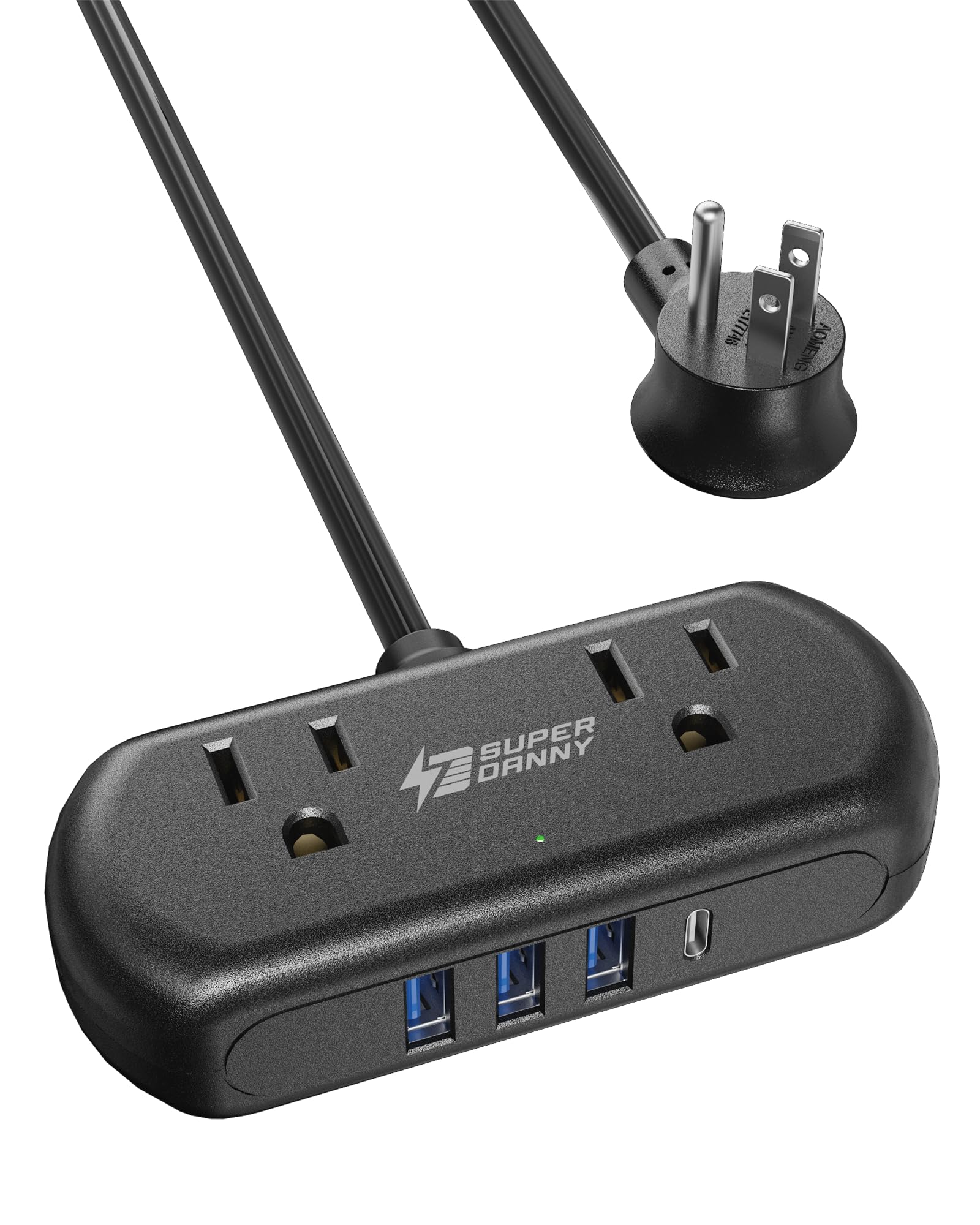 Power Strip with USB, SUPERDANNY Mini Surge Protector with 2 Wide-Spaced Outlets, 3 USB-A and 1 USB-C, 5 Ft Extension Cord, Flat Plug, Compact Size Desktop Charging Station Travel, Home, Office, Black