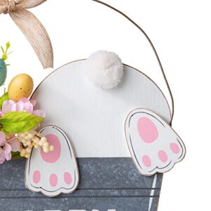 Glitzhome 18 Inch Wooden Easter Bunny Hanging Decoration,"Happy Easter" Rabbit Welcome Sign wood Bunny Eggs Easter Decorations for Door Home Garden Spring Party