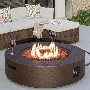 cosiest 40.5-inch outdoor propane fire pit coffee table w sandstone round base patio heater, 50,000 btu stainless steel burner, free lava rocks, rain cover