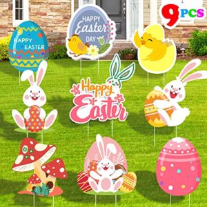 9 pieces easter yard signs garden decorations outdoor, happy easter yard sign with stakes, large ornaments for outside corrugated plastic bunny egg chick