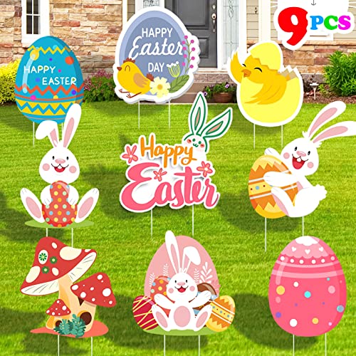 9 Pieces easter yard signs garden decorations outdoor, happy easter yard sign with Stakes, large ornaments for outside Corrugated Plastic Bunny Egg Chick