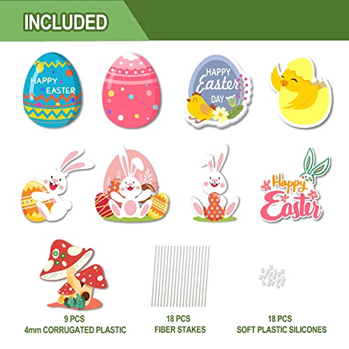 9 Pieces easter yard signs garden decorations outdoor, happy easter yard sign with Stakes, large ornaments for outside Corrugated Plastic Bunny Egg Chick