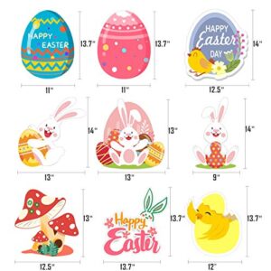 9 Pieces easter yard signs garden decorations outdoor, happy easter yard sign with Stakes, large ornaments for outside Corrugated Plastic Bunny Egg Chick