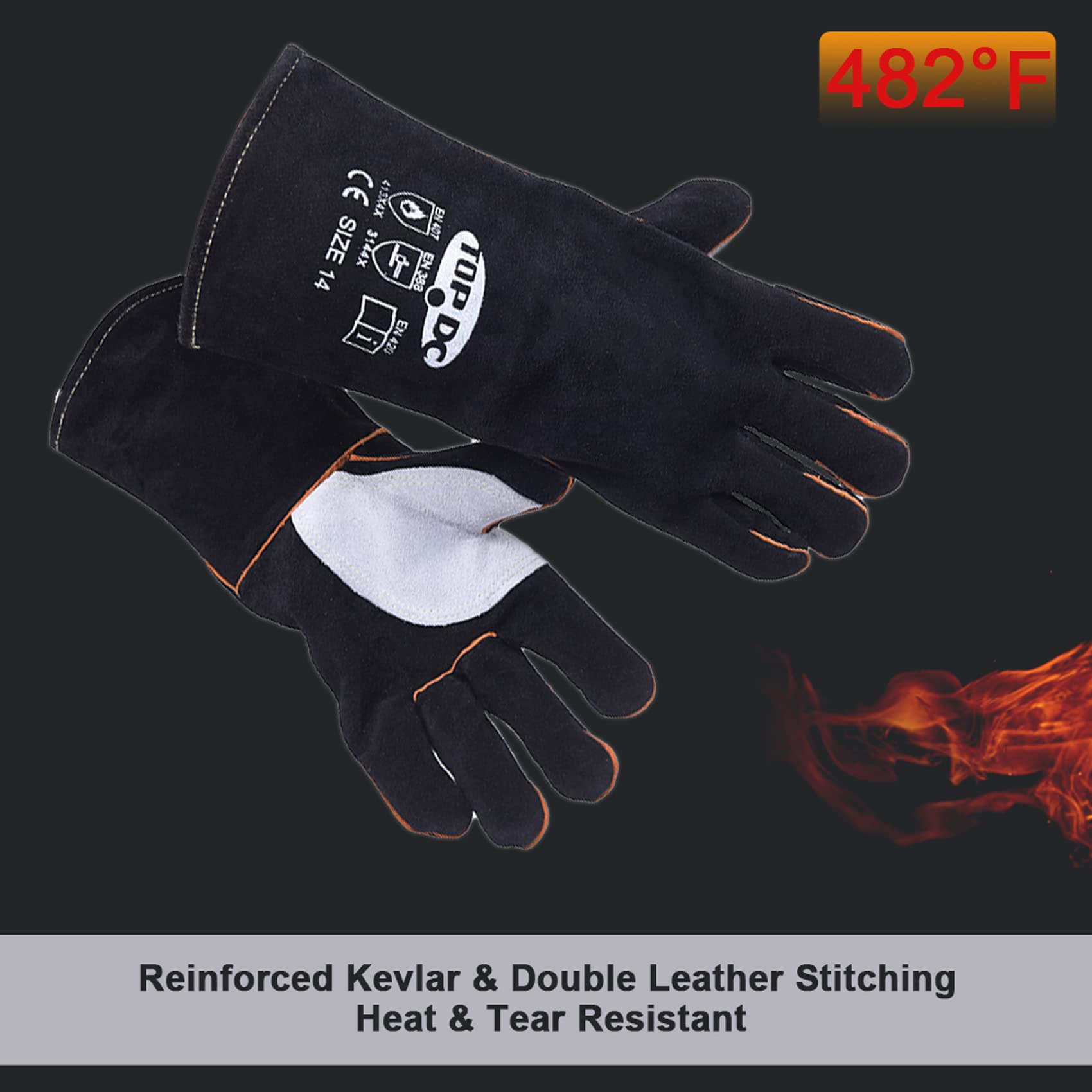 TOPDC Welding Gloves 14 Inches Fire/Heat Resistant Leather For Mig,Tig,Stick,Forge,BBQ,Grill, Fireplace,Wood Stove, Furnace,Pot,Oven