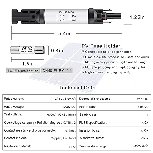 Pvfarosh 20A Solar Fuse Holder Connector IP68 Waterproof 1000V in-line Fuse Holder 20A Male and Female Connector Waterproof in-Line Fuse Holder (Contains 4 fuses + 2 Solar Fuse Holders)… (20A)