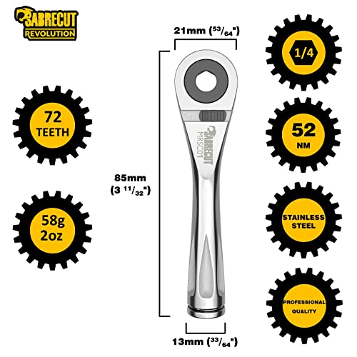 1 x SabreCut MRSC01 Mini Micro Ratchet 1/4" Hex Stainless Steel Professional 72 Tooth Gear Hand Ratchet Wrench